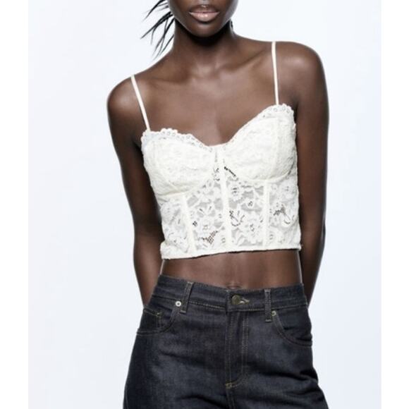Zara Sleeveless Lace Corset Style Sweetheart Neck Tank Top Cream Women's Medium - Picture 1 of 8